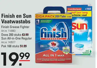 Sligro Finish en Sun vaatwastabs 200/168st aanbieding