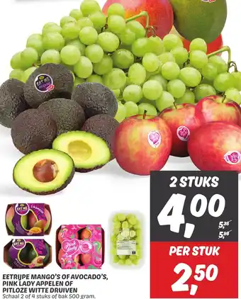 Dekamarkt Eetrijpe mango's of avocado's, pink lady appelen of pitloze witte druiven 2 of 4 stuks of bak 500 gram. aanbieding