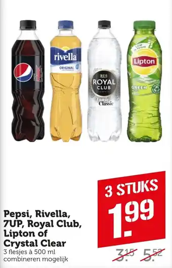 Coop Pepsi, rivella, 7up, royal club, lipton of crystal clear 500ml aanbieding