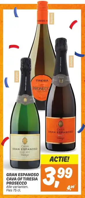 Dekamarkt Gran Espanoso cava of Tiresia prosecco 75CL aanbieding