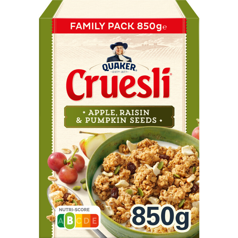 Quaker cruesli apple, raisin & pumpkin seeds aanbieding bij Albert Heijn