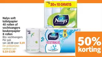 Albert Heijn Nalys soft toiletpapier 40 rollen of vochtvangers keukenpapier aanbieding