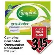 Vomar Voordeelmarkt Campina grasboter ongezouten roomboter 250 gram aanbieding