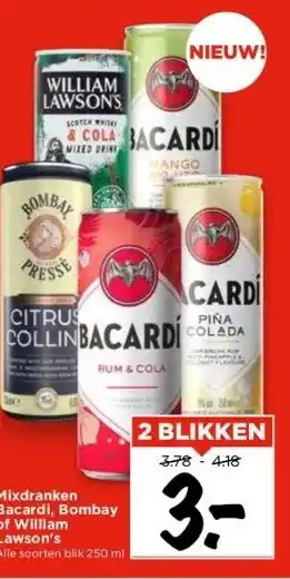 Vomar Voordeelmarkt Mixdranken bacardi, bombay of william lawson's aanbieding