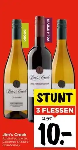 Vomar Voordeelmarkt Jim's creek australische wijn. cabernet shiraz of chardonnay aanbieding