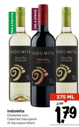 Vomar Voordeelmarkt Indomita chileense wijn. cabernet sauvignon of sauvignon blanc aanbieding