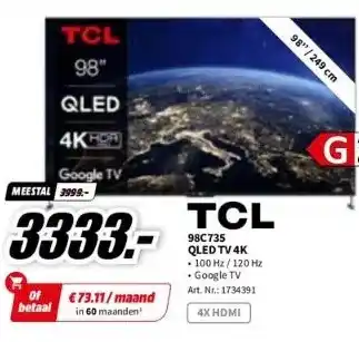 MediaMarkt Tcl 98c735 qled tv 4k aanbieding