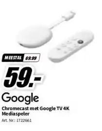 MediaMarkt Google chromecast met google tv 4k mediaspeler art. nr.: 1722661 aanbieding