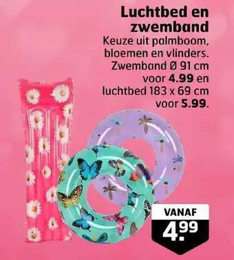 Trekpleister Luchtbed en zwemband Keuze uit palmboom, bloemen en vlinders. Zwemband Ø 91 cm aanbieding