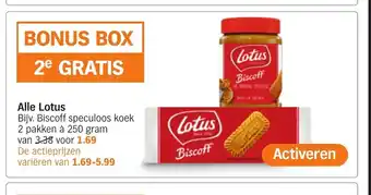 Albert Heijn Alle Lotus Bijv. Biscoff speculoos koek 2 pakken à 250 gram van 3.38 voor 1.69 aanbieding