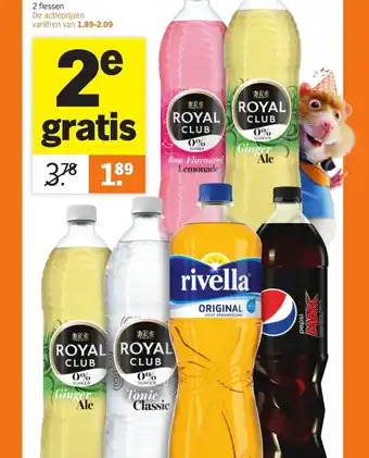 Albert Heijn Alle Pepsi, Royal Club en Rivella literflessen Bijv. Royal Club tonic classic 0% suiker 2 flessen aanbieding