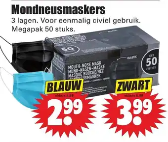 Dirk Mondneusmaskers 3-laags 50st blauw aanbieding