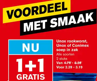 Hoogvliet Unox rookworst, Unox of Conimex Soep in zak aanbieding