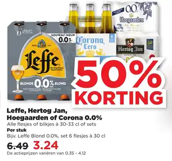 PLUS Leffe, Hertog Jan, Hoegaarden of Corona 0.0% aanbieding