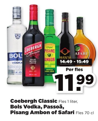 PLUS Coebergh Classic Fles 1 liter, Bols Vodka, Passoã, Pisang Ambon of Safari Fles 70 cl aanbieding