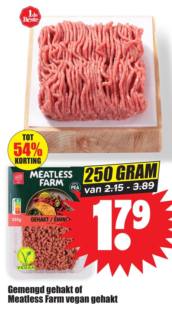 Gemengd gehakt of Meatless Farm vegan gehakt 250g aanbieding bij Dirk