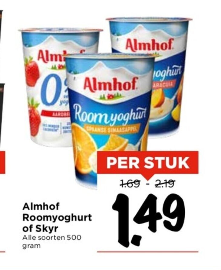 Almhof Roomyoghurt of Skyr Alle soorten 500 gram aanbieding bij Vomar