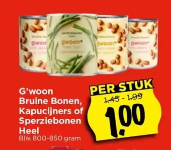 Vomar Voordeelmarkt G'woon Bruine Bonen, Kapucijners of Sperziebonen Heel Blik 800-850 gram aanbieding