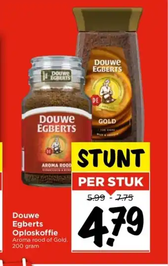 Vomar Voordeelmarkt Douwe Egberts Oploskoffie Aroma rood of Gold. 200 gram aanbieding