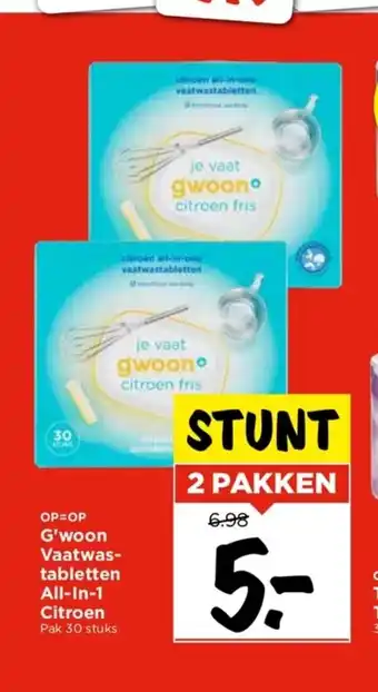 Vomar Voordeelmarkt G'woon Vaatwas- tabletten All-In-1 Citroen Pak 30 stuks 2 pakken aanbieding