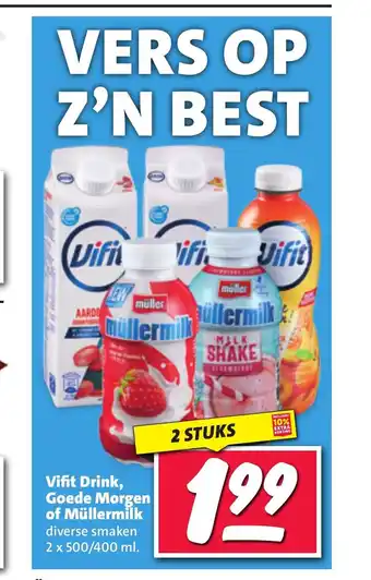 Nettorama Vifit Drink, Goede Morgen of Müllermilk diverse smaken 2 x 500/400 ml. aanbieding