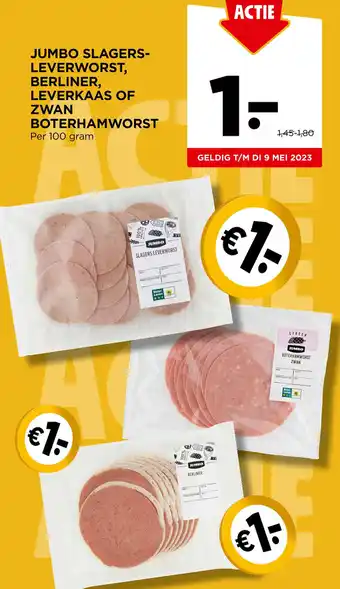 Jumbo JUMBO SLAGERS-LEVERWORST, BERLINER, LEVERKAAS OF ZWAN BOTERHAMWORST 100g aanbieding