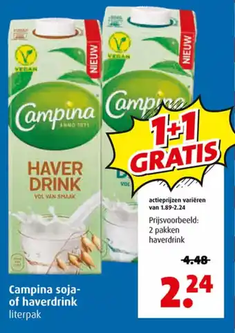 Boni Campina soja-of haverdrink aanbieding