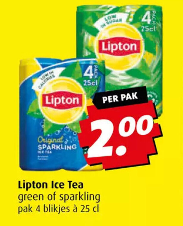 Lipton Ice Tea green of sparkling pak 4 blikjes à 25 cl aanbieding bij Boni