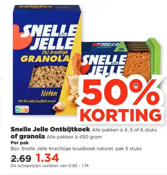 PLUS Snelle jelle ontbijtkoek alle pakken à 4, 5 of 6 stuks of granola alle pakken à 450 gram aanbieding