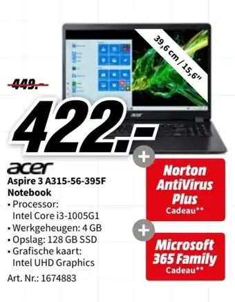 MediaMarkt ACER Aspire 3 Notebook A315-56-395F aanbieding