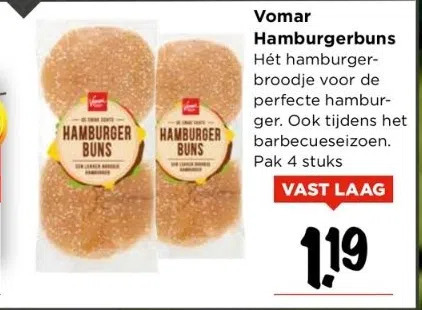 Vomar Hamburgerbuns hét hamburgerbroodje voor de perfecte hamburger. ook tijdens het barbecueseizoen. pak 4 stuks aanbieding