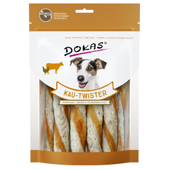 Zooplus 200g kauw-twister runderhuid, pens & kippenborst dokas hondensnacks aanbieding