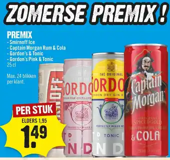 Dirck 3 Premix Smirnoff ice, Captain Morgan Rum & Cola, Gordon's & Tonic, Gordon's Pink & Tonik 250 ml aanbieding