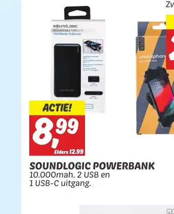 Dekamarkt SOUNDLOGIC POWERBANK 10.000mah. 2 USB en 1 USB-C uitgang. aanbieding