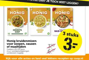 Coop Honig kruidenmixen voor soepen, sauzen of maaltijden 3 pakjes à 35-150 gram m.u.v. voordeelverpakkingen combineren mogelijk aanbieding