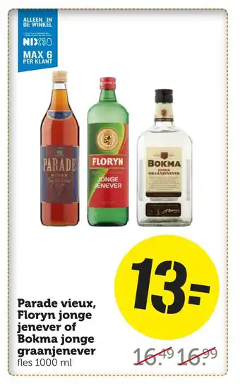 Coop Parade vieux, Floryn jonge jenever of Bokma jonge graanjenever fles 1000 ml aanbieding