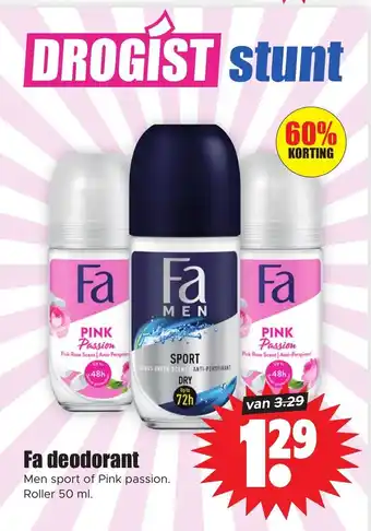 Dirk Fa deodorant Men sport of Pink passion. Roller 50 ml. aanbieding