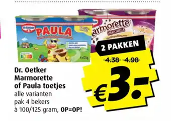 Boni Dr. Oetker Marmorette of Paula toetjes alle varianten pak 4 bekers à 100/125 gram, OP=OP! aanbieding