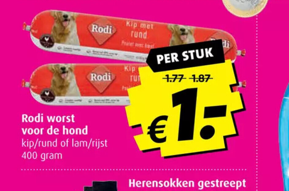 Rodi worst voor de hond kip/rund of lam/rijst 400 gram aanbieding bij Boni