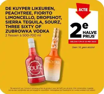 Jumbo DE KUYPER LIKEUREN, PEACHTREE, FIORITO LIMONCELLO, DROPSHOT, SIERRA TEQUILA, SOURZ, THREE SIXTY OF ZUBROWKA VODKA 2*500-700ml aanbieding