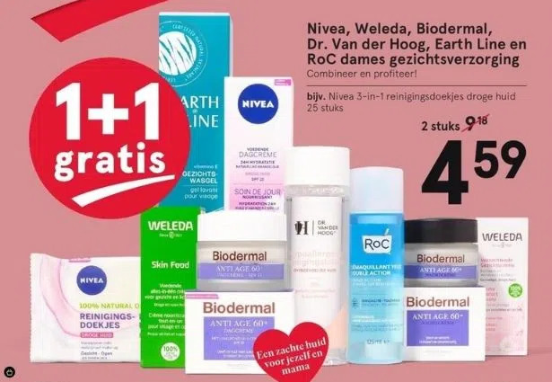 Nivea, weleda, biodermal, dr. van der hoog, earth line en roc dames
