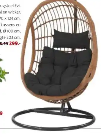 Intratuin Hangstoel evi. staal en wicker, 90 x 70 x 124 cm, inclusief kussens en standaard, ø 100 cm, hoogte 203 cm. aanbieding