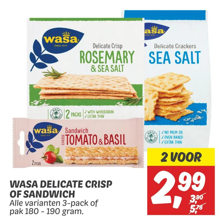 Wasa delicate crisp of sandwich aanbieding bij Dekamarkt