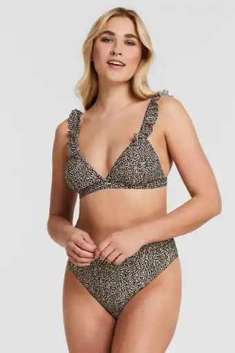 Wehkamp Beachwave voorgevormde bikinitop met dierenprint en ruches zwart/lichtbruin aanbieding