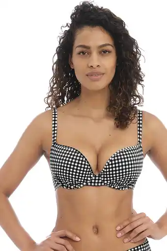 Wehkamp Freya niet-voorgevormde geruite beugel bikinitop check in zwart/wit aanbieding
