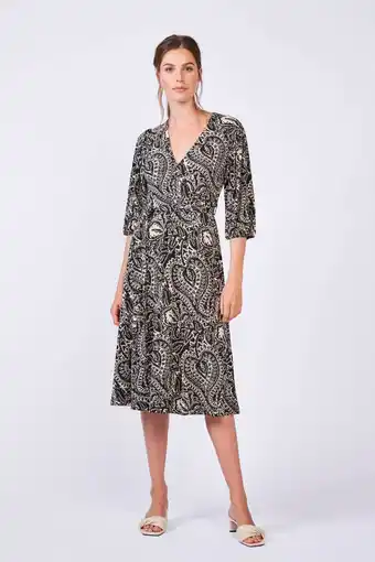 Wehkamp Summum woman jurk met all over print en plooien zwart/zand aanbieding