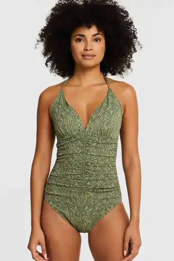 Wehkamp Beachwave corrigerend halter badpak met textuur en dierenprint groen/donkergroen aanbieding