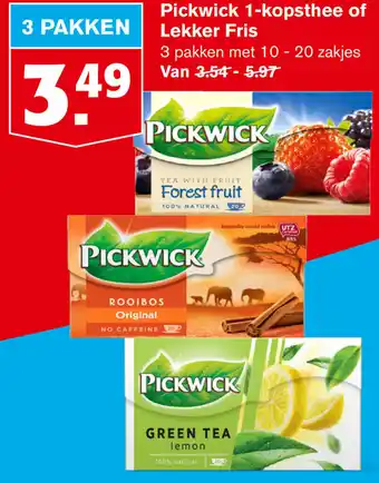 Hoogvliet Pickwick 1-Kops thee of lekker fris 3*10-20zak aanbieding