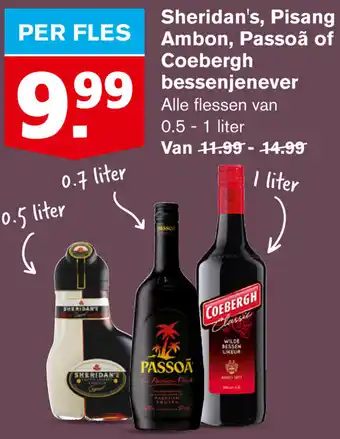 Hoogvliet Sheridan's, Pisang Anbon, Passoa of Coebergh bessenjenever 0.5-1L aanbieding