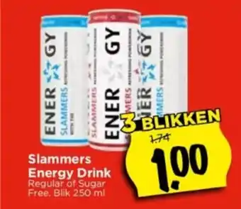 Vomar Voordeelmarkt Slammers Energy Drink Regular of Sugar Free. 3 blikken aanbieding